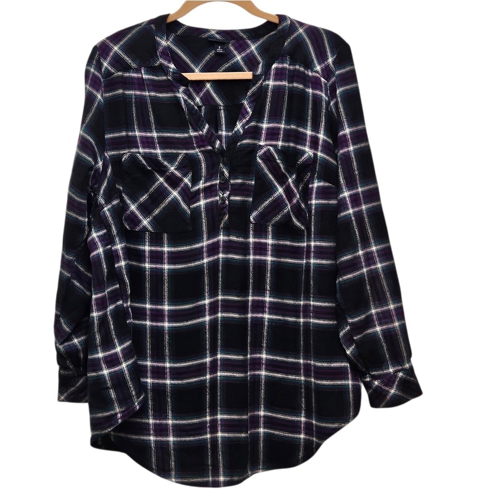 Torrid Harper‎ Blouse Womens 2X Purple Plaid Long Sleeve Pullove V-Neck Top